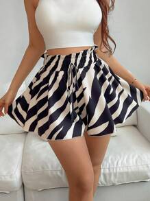 SHEIN PETITE Women's Summer Casual Zebra Print Tie-Waist Loose Shorts - Multicolor - View 4