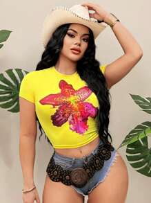 SHEIN SXY 女士简约时尚圆领短袖T恤，适合夏季 - 黃色 - 查看 1