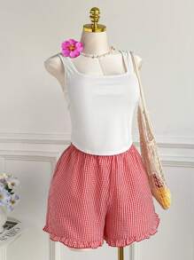 Comfortcana 2 件大码休闲家居服雪纺格子短裤套装