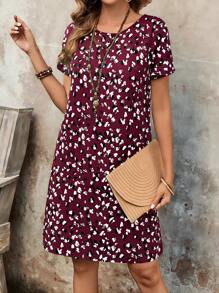EMERY ROSE Women All-Over Print Round Neck Short Sleeve Pocket Casual Mini Dress Summer Dresses For Women - Red - View 8