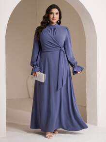 Veilorie Women Plus Size Solid Color Ruched Puff Sleeve Knot Waist Elegant Dress - Blue - View 1