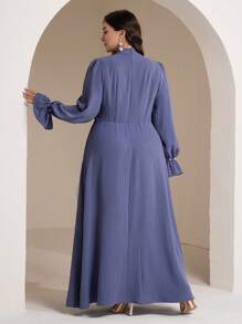 Veilorie Women Plus Size Solid Color Ruched Puff Sleeve Knot Waist Elegant Dress - Blue - View 2