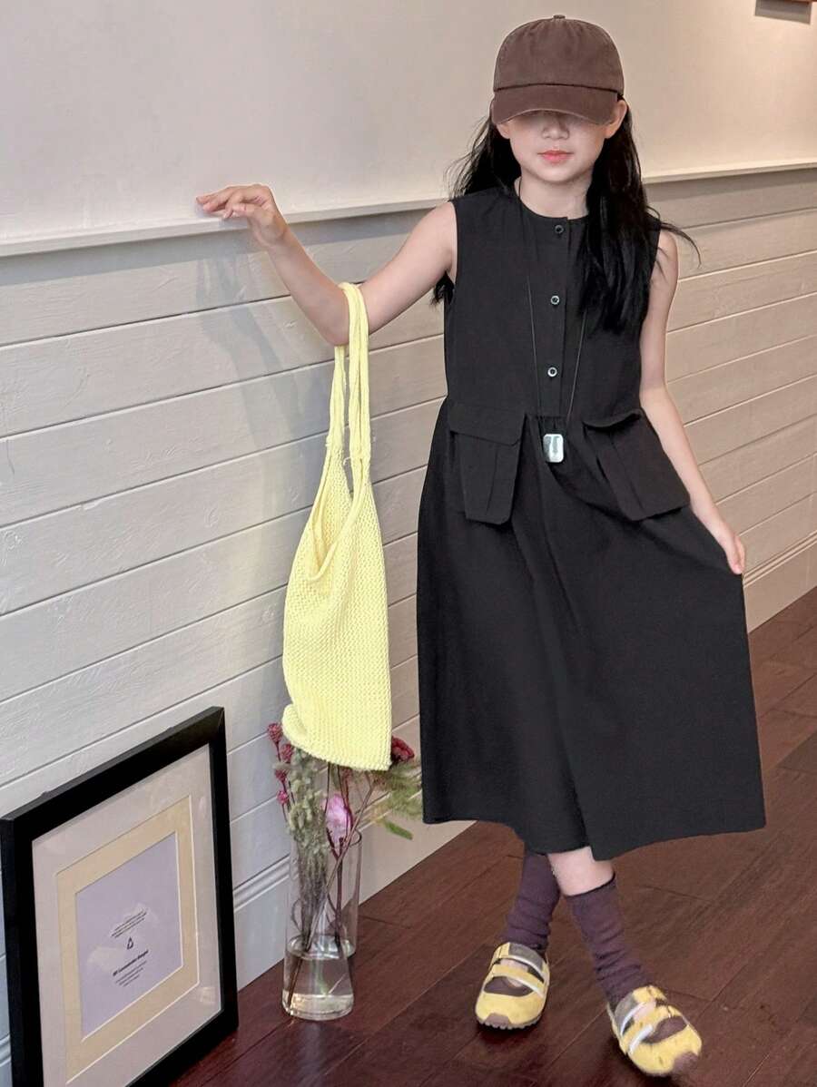 DAZY Tween Girls Sleeveless Round Neck Dress, Summer,Back To School Clothes - Black - View 1