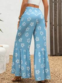 INAWLY Pantalon de plage ample à taille haute et imprimé floral bleu pour femmes - Bleu azur - Voir 2