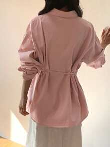 DAZY Women's Solid Color Front Button Long Sleeve Denim Shirt With Side Tie Details - Pink - View 6