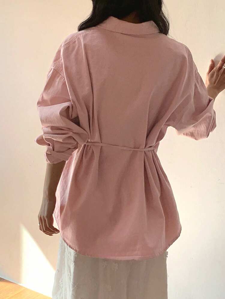 Women's Solid Color Front Button Long Sleeve Denim Shirt With Side Tie Details