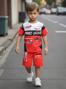 Young Boy Casual Simple Pattern Short Sleeve Round Neck T-Shirt And Shorts Set, Suitable For Summer - Red - View 1