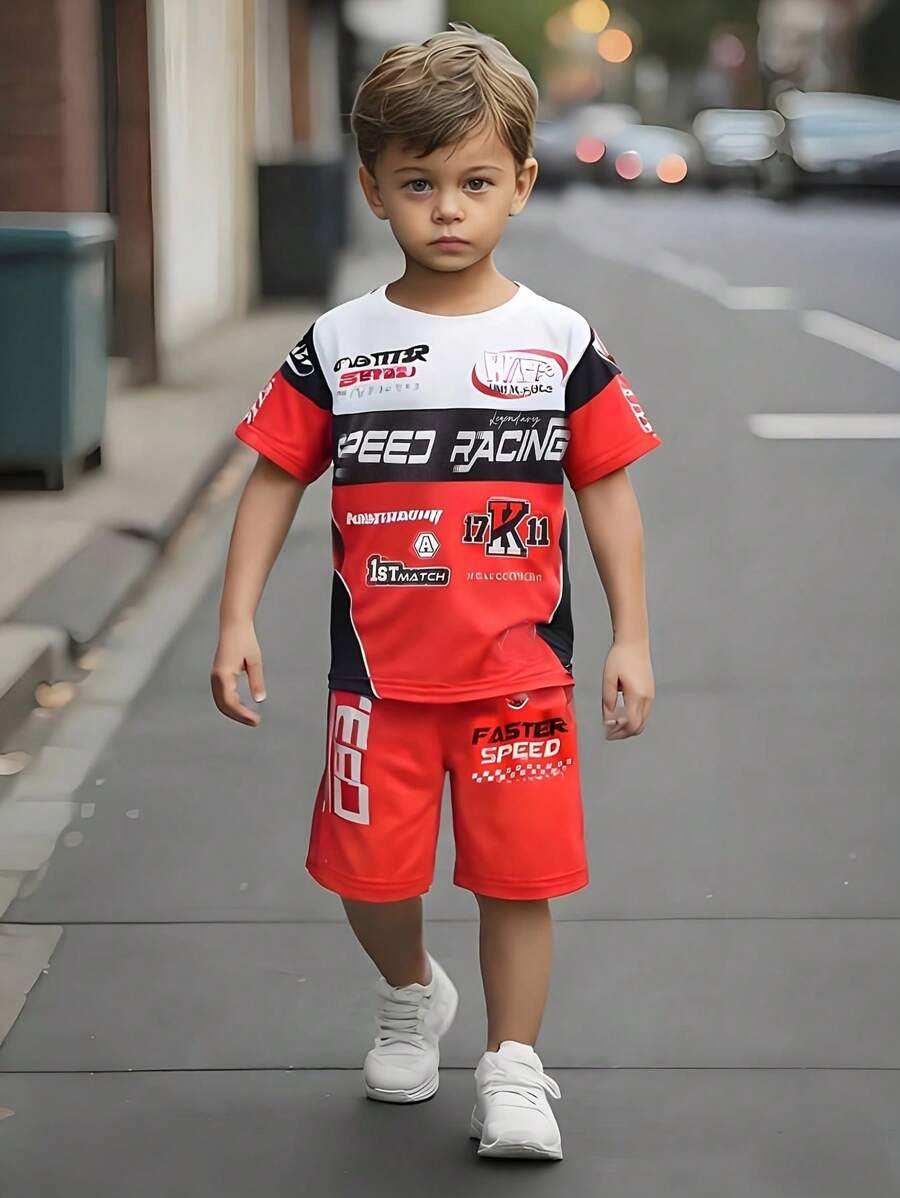 Young Boy Casual Simple Pattern Short Sleeve Round Neck T-Shirt And Shorts Set, Suitable For Summer - Red - View 1