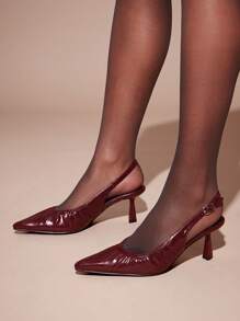 SHUZIA Women's High Heel Pointed Toe, Elegant Patent Faux Leather Wrinkle Design Fashionable Buckled Back Strap Shoes - Burgundy - View 2