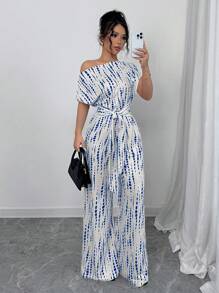Elenzga Elegant Shoulder Jumpsuit With Printed Pattern, Slimming And Stylish For Women Erfect For Dating, Work, Vacation,Festival Everyday Wear Summer Boho/Holidays/Festival Day - Blue and White - View 1