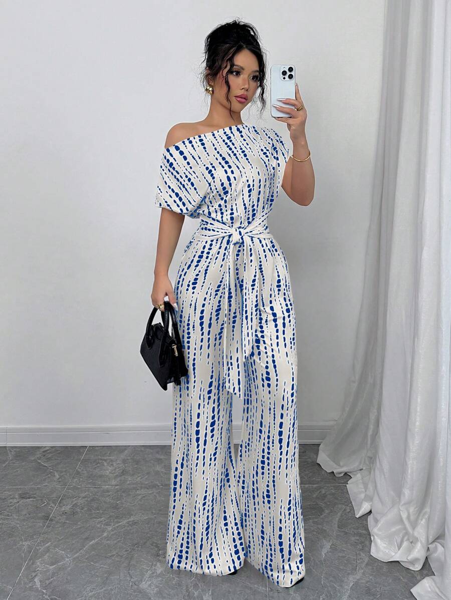 Elenzga Elegant Shoulder Jumpsuit With Printed Pattern, Slimming And Stylish For Women Erfect For Dating, Work, Vacation,Festival Everyday Wear Summer Boho/Holidays/Festival Day - Blue and White - View 1