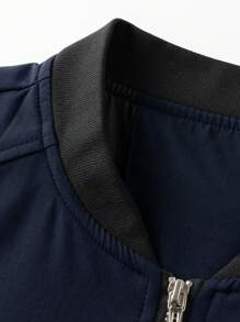 Manfinity Homme Men's Solid Color Zip-Up Long Sleeve Outdoor Windbreaker Jacket, Fashionable Summer Casual Zip Ups Men Bomber Jacket Navy Blue Jacket, For Fall