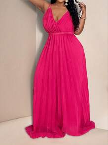 Veslaya 2025 年新款春夏日常/休闲/度假/海滩/旅行紫红色交叉细肩带高低褶皱连衣裙，专为大码女性设计 - 玫紅色 - 查看 7