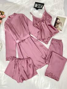SilkySpell 4pcs Women Embroidered Trim Faux Silk Pajama Set, Fall Clothes - Dusty Pink - View 2