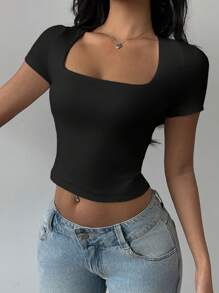 SHEIN BASICS Solid Color Knit Convertible Collar Fitted Cropped Women Top - Black - View 4