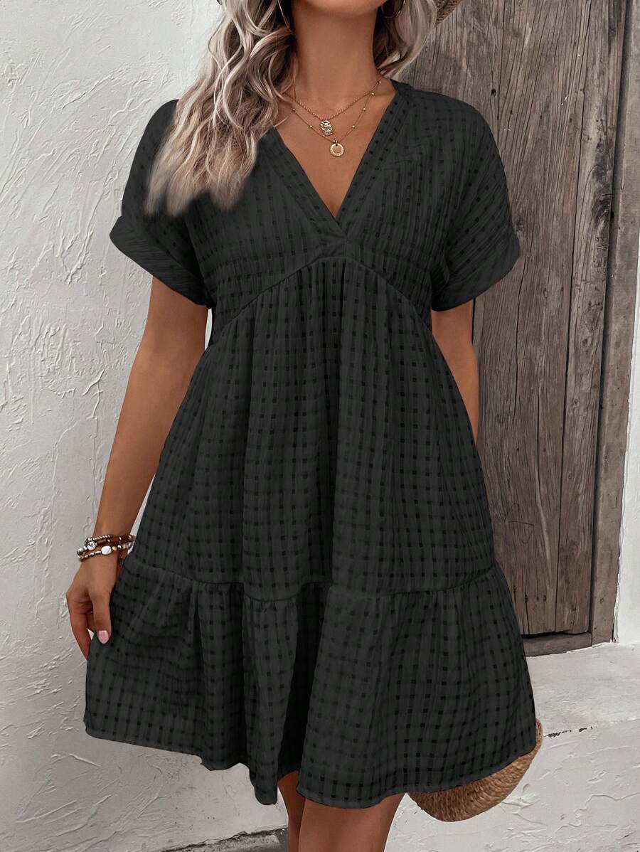 Breezaya Plus Size Women's Fashion Casual Checkered Bubble Pattern V-Neck Loose Hem Short Dress, Spring & Summer - Black - View 1