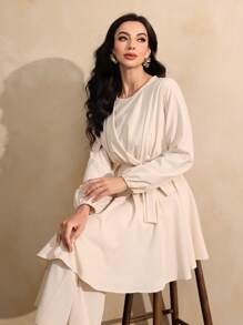 Graceveil Áo cánh tay đèn lồng màu trơn thanh lịch cho nữ, viền bất đối xứng, khiêm tốn - Màu be - Xem 7