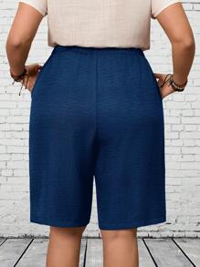 EMERY ROSE Pantalones cortos informales de mujer con tallas grandes, de un solo color, con bolsillos y cinturón - Neblina azul - Ver 2
