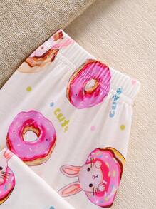 2pcs/Set Young Girl Summer Sweet Donuts & Rabbit Printed Short Sleeve Cardigan Loungewear Set - Pink - View 8
