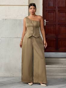 SHEIN LUNE Plus Size Women Casual Beige Striped Asymmetric Asymmetric Neck 2 Pieces Set - Brown - View 6