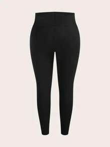 SHEIN BASICS Plus Size Solid Color Knitted Tight-Fitting Leggings - Black - View 2