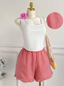 Comfortcana 2 件大码休闲家居服雪纺格子短裤套装