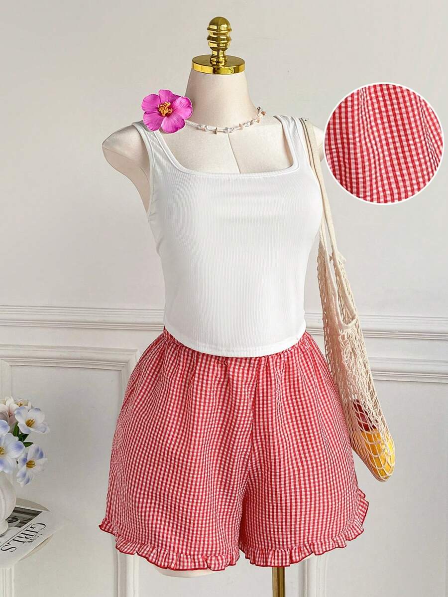 Comfortcana 2 件大码休闲家居服雪纺格子短裤套装