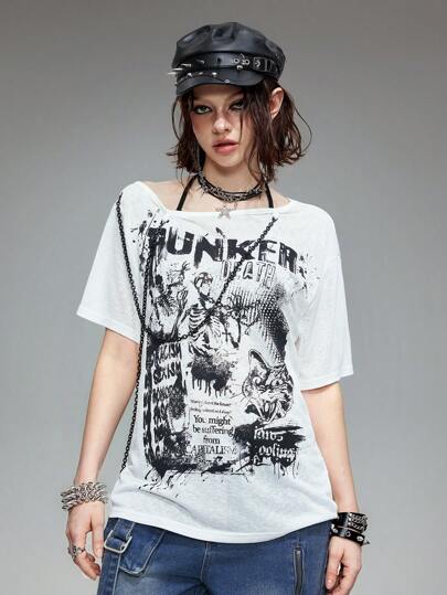 Grunge Punk T-shirt ample en fibre de bambou pour femmes avec impression de silhouette de squelette punk et épaule oblique transparente