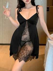 DAZY Sexy Sheer Lace Patchwork Sling Nightgown & G-String Lingerie Set For Women - Black - View 3