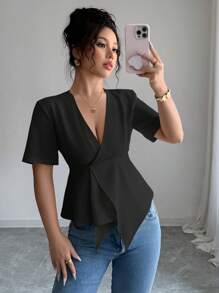 Elenzga Áo sơ mi tay ngắn bất đối xứng, thời trang cho mùa hè - màu đen - Xem 5