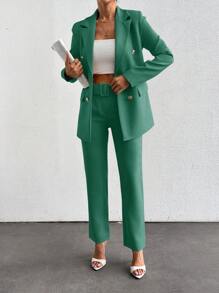 EURMUSE Women's Solid Color Lapel NeckLong Sleeve Casual Commuter Suit Jacket And Pants Set - Green - View 4
