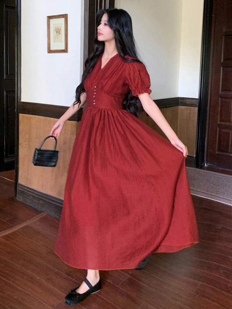 V-Neck Ruffle Hem Dress For Women, Summer Vacation Beach Backless Puff Sleeve Midi Dress Red Women Dresses
