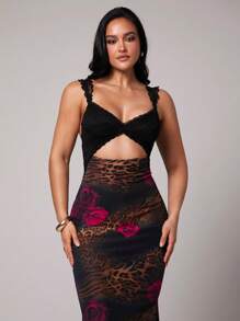 Silquee Vestido feminino casual para primavera e verão, romântico para o Dia dos Namorados e encontros, com costas nuas e estampa de leopardo e patchwork de renda, adequado para as férias de primavera