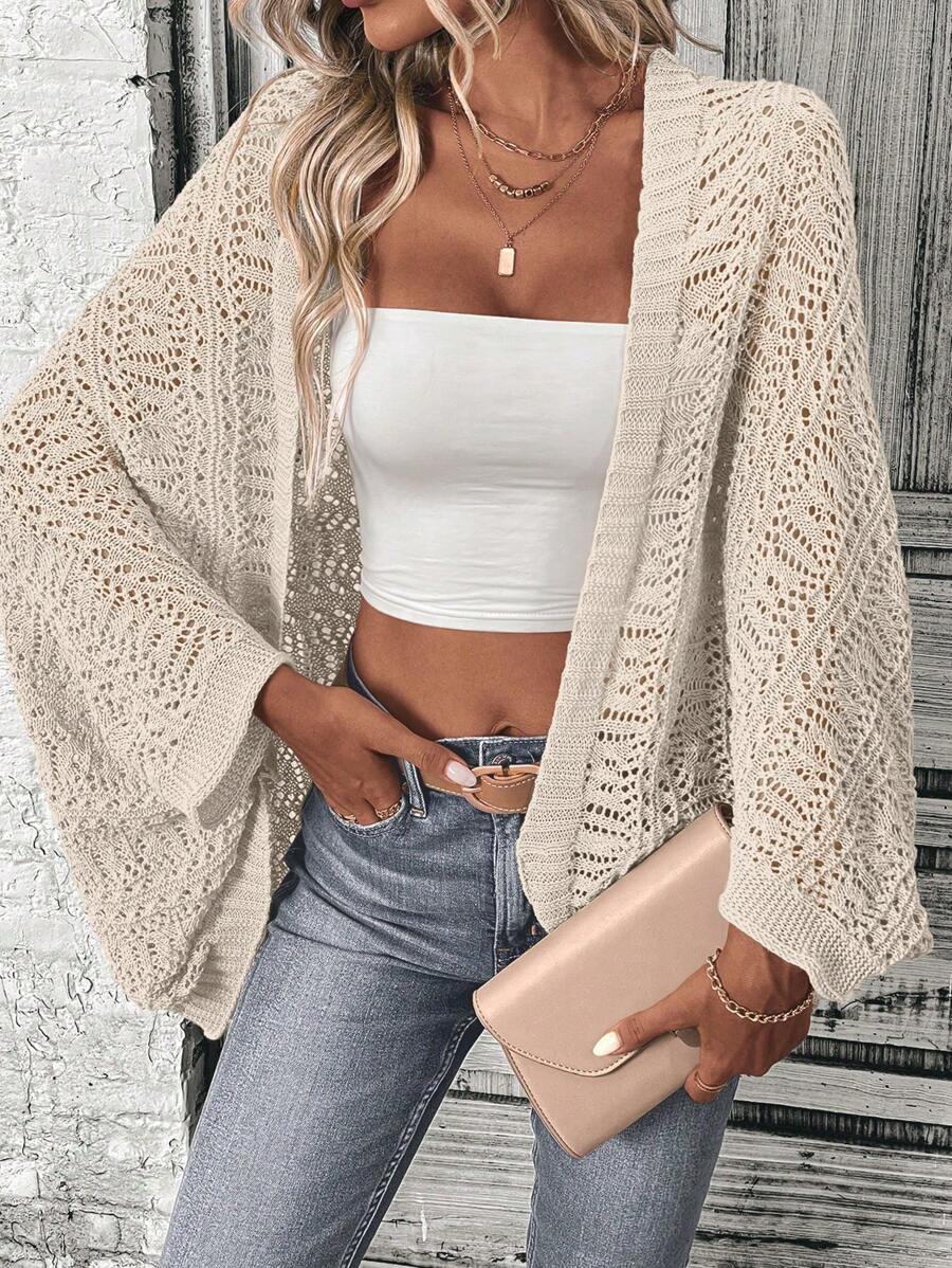 SHEIN LUNE Solid Color Hollow-Out Lightweight Cardigan, Suitable For Spring & Summer Fall Winter Cloth For Women - Khaki - View 1