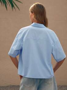 Lumivelle Fashionable Blue Short Sleeve Simple Pocket & Turn-Down Collar Women Blouse - Blue - View 2