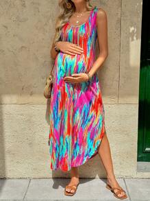 SHEIN Abito maternità casual con spacchi laterali e stampa tie-dye