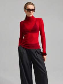 Ontre Women's Stockholm Style Teacher Autumn High Neck Knit Top, Elegant Autumn/Winter, Mesh Long Sleeve Top, Business Casual Basic Top