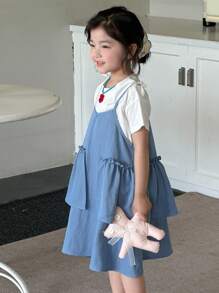 DAZY Set casual de 2 piezas para niñas: camiseta de punto de manga corta de cuello redondo + vestido, conjunto de verano - Agua verde azul - Ver 3
