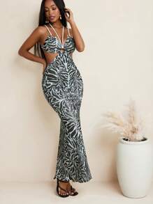 JIAN LASALA Schwarz bedrucktes Kleid mit Spaghettiträgern, figurbetonter Passform, Schlangenschnittausschnitten und Ringen, Partykleid, Sommerkleid, langes Kleid, Bandage-Kleid, Hawaii-Outfit, Ankara-Kleid, Resortwear, fließendes Kleid, vintage Abendkleid