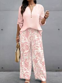 EMERY ROSE 2pcs Set, Random Print, Plus Size, Fashionable Summer Set