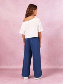 SUMWON Off Shoulder Crop T-Shirt Ny Print Wear Jogger Set Varsity Athleisure Streetwear Comfortable Back To School Fall Winter Spring - Royal Blue - View 3