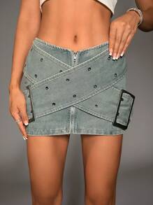 Aveloria Affinna Falda en mezclilla con ojal con tira cruzada con diseño con hebilla