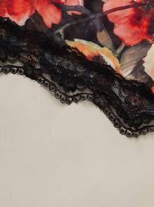 SHEIN 花卉印花撞色蕾丝细肩带网眼连体衣女式睡衣 - 黑色 - 查看 3