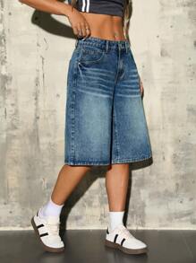 SHEIN ICON Women's Solid Color Pocket Loose Fashion Denim Shorts - Blue - View 3