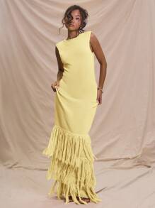 MUSERA Sleeveless Ribbed Maxi Dress Fray Hem Detail Summer Holiday Vacation Sweater Dress Ibiza Wedding Guest Night Out Fall Autumn Winter Date Night Fall Winter Christmas Chic - Yellow - View 4