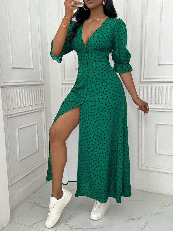 Lyxana Rochie Elegantă Maxi Ținută Femei, Imprimare Buline, Fasă înaltă, Buton în față, Decolteu în V adânc