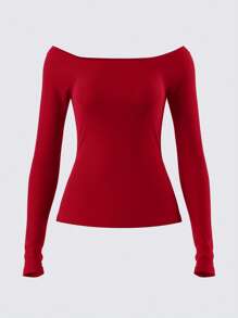 SHEIN BASICS Women's Regular Fit Solid Color Off Shoulder Long Sleeve Knit Top Off The Shoulder Top - Red - View 2