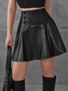 EURMUSE PU Leather Flare Skirt - Black - View 1