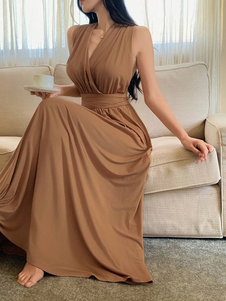 Soft Solid Color Knit Halter Neck Wrap Waist Long Dress Women House Dress Pajama