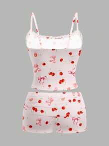 Red Glitter Y2k Women's Summer Sexy Lace Cherry & Bow Print Knit Camisole And Shorts 2 Pieces Set - Pink - View 2